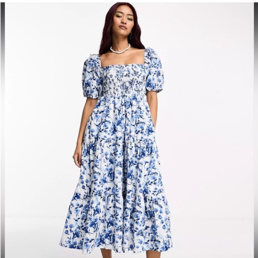 Abercrombie & Fitch White Blue Floral Smocked Puff Sleeve Tiered Dress